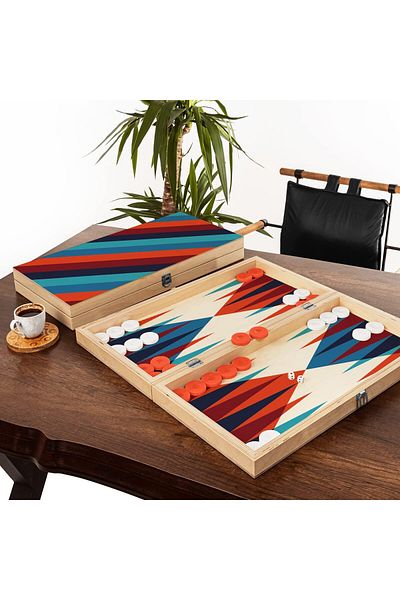 mazıdağı Made Birch Marine Plywood Color Stripe Modern Backgammon Set - 25X48X6,5 Cm, Special Polished, Orange