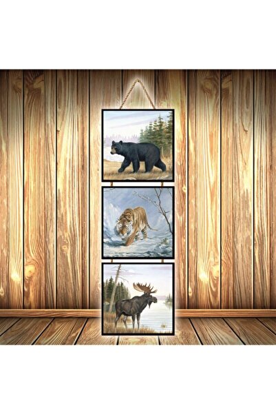 hazalshop Τριπλή ρετρό ξύλινη αφίσα με σχέδιο Animal Kingdom Ü521