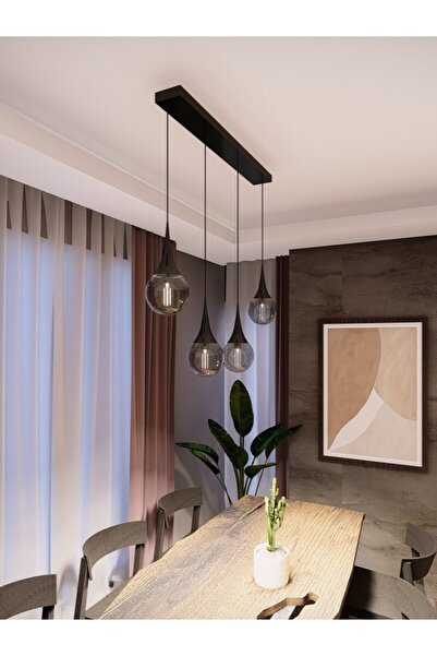 avizade Opya Füme Camlı 4’lü Siyah Sıralı Sarkıt Avize – Modern Stil, E27 Duy Ile Uyumlu
