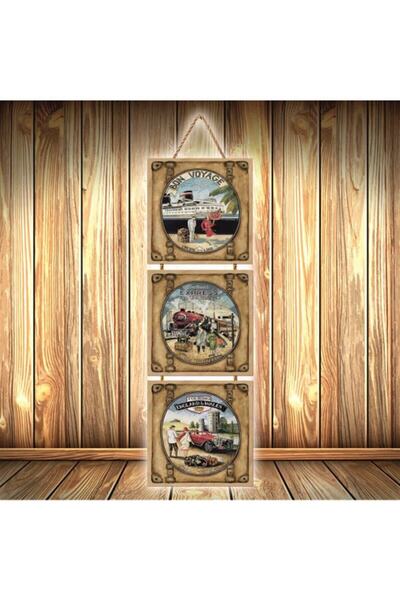 hazalshop Τριπλή ρετρό ξύλινη αφίσα με σχέδιο Bon Voyage Ü417
