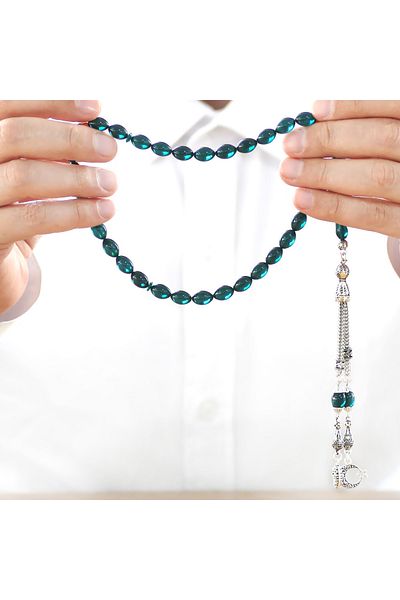 Tesbihane Non-Tarnish Metal Rope Tasseled Barley Cut Water Blue Fire Amber Prayer Beads