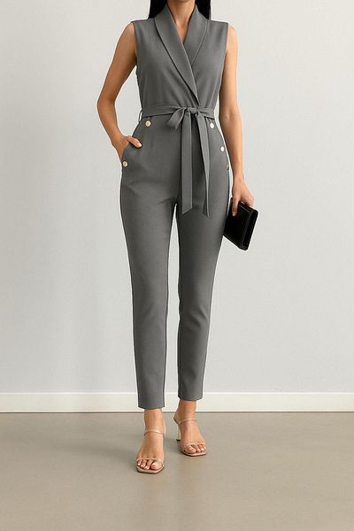 Deafox Gray Gold Buttoned Crepe Fabric Self-Belted Jumpsuit