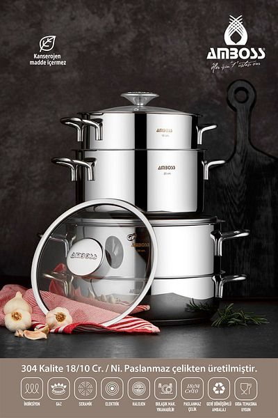 Amboss طقم أواني طهي من الفولاذ المقاوم للصدأ مكون من 8 قطع، طقم أواني طهي بقاعدة مع غطاء زجاجي
