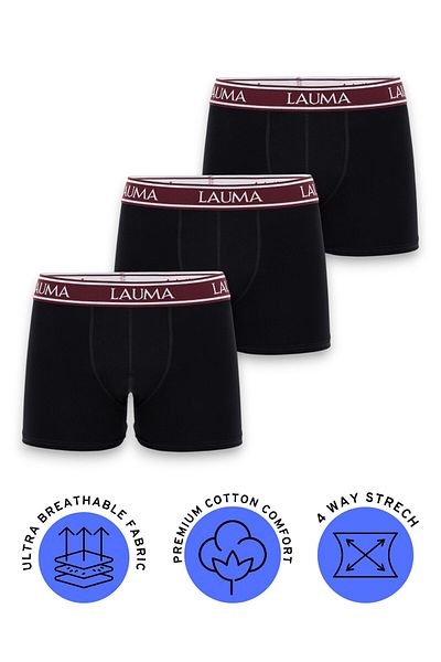 LAUMA Ανδρικά Boxer 3 Pack – Μαύρα, βαμβακερά, εύκαμπτα, εσώρουχα Lycra