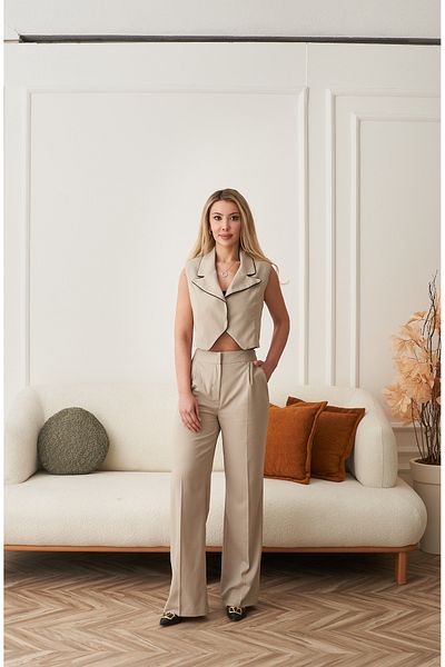 Rabia Çelik Women's Beige Piping Detailed High Waist Pants Vest Suit