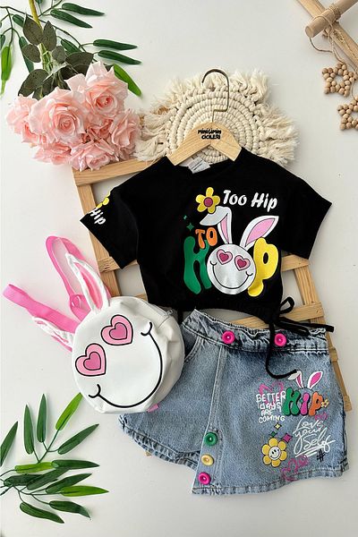 Minigimin Cicileri My Little One's Cicileri Hip Rabbit Printed Bag Girl's 3-Piece Denim Shorts Set - Black