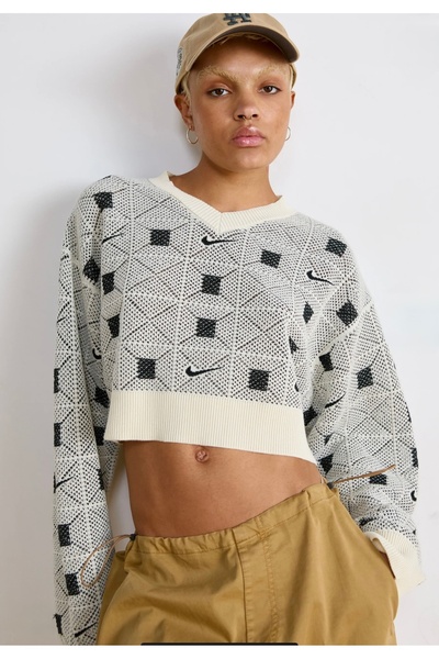 Nike Naomi Osaka ENG Swoosh Woven Crop Sweater Krem Kadın Kazak