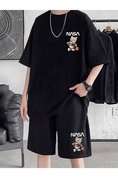 ACTIVE MODA Men's Short Sleeve Na Printed Tshirt-Shorts Set 2 Pcs Cotton Large Size