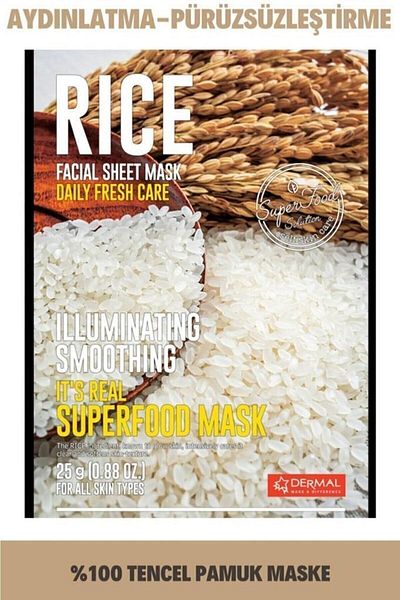 Dermal Superfood Rice Mask - Brightening and Smoothing, 100% Cotton, 25 Gr for All Skin Types