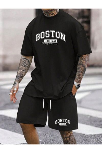 ACTIVE MODA - Men's Short Sleeve Boston Printed Tshirt-Shorts Set 2-Pack Cotton Large Size