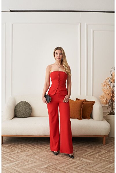 Rabia Çelik Women's Red Front Buttoned Strapless Bustier Pants 2 Piece Suit