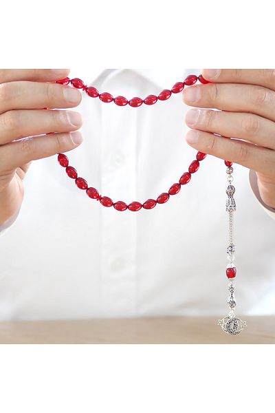 Tesbihane Non-Tarnish Metal Crescent Star Tasseled Barley Cut Flag Red Fire Amber Prayer Beads