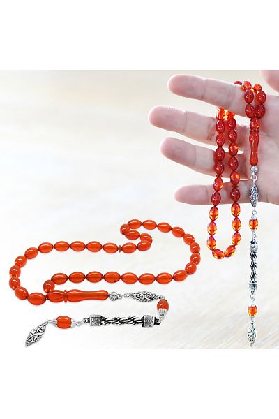 Tesbihane Tarnish-Free Metal Rope Tasseled Barley Cut Amber Red Fire Amber Rosary