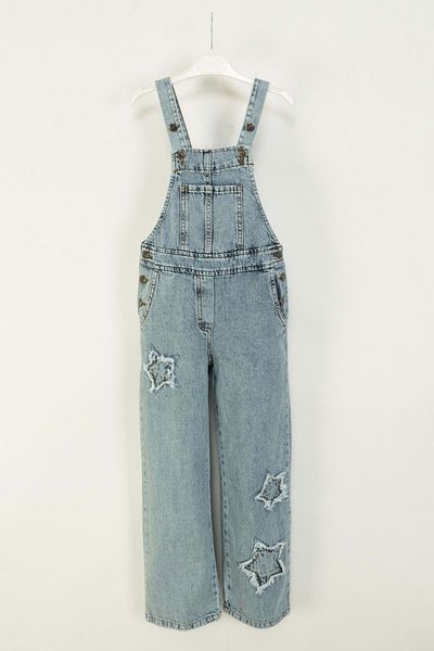 wakawakakidsstore Ripped Star Detailed Light Blue Salopet Jumpsuit for Girls - Blue
