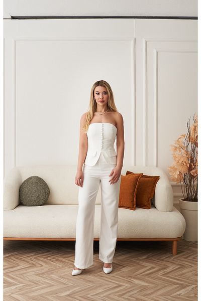 Rabia Çelik Women's White Buttoned Front Strapless Bustier Pants 2-Piece Suit