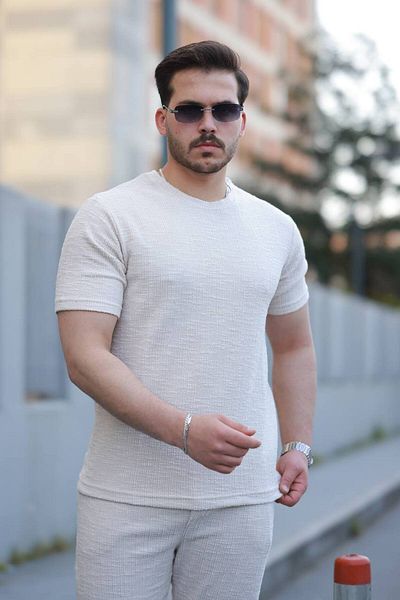 JACK CAPRİO Men's Elastic Waist Soft Natural Cotton Breathable Summer Stretchy Flared Fabric Bottom Top Set