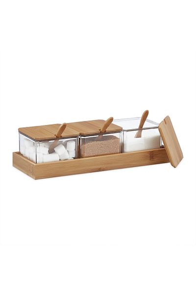 Relaxdays Set 3 recipiente pentru condimente, capace, linguri si suport din bambus, transparent, 11 x 30 x 13 cm