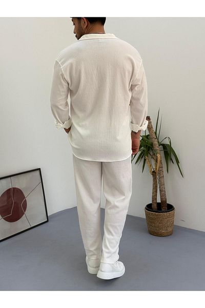 Combineman35 White Men's Summer Crinkle Lycra Fabric Long Sleeve Shirt Tracksuit 2 Piece Wrap Suit