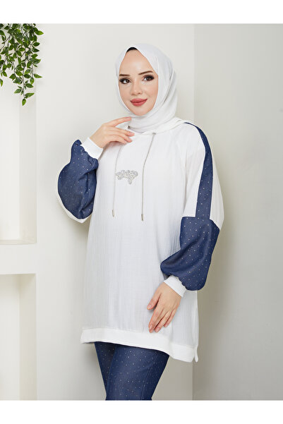 MODAMERSİ Γυναικείο Σετ δύο τεμαχίων με λεπτομέρεια με κουκούλα με στάμπα από λευκή πέτρα