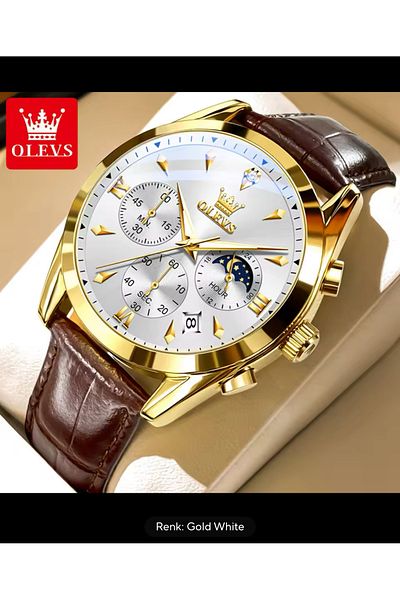 OLEVS Leather Cord King Crown Steel Men's Wristwatch