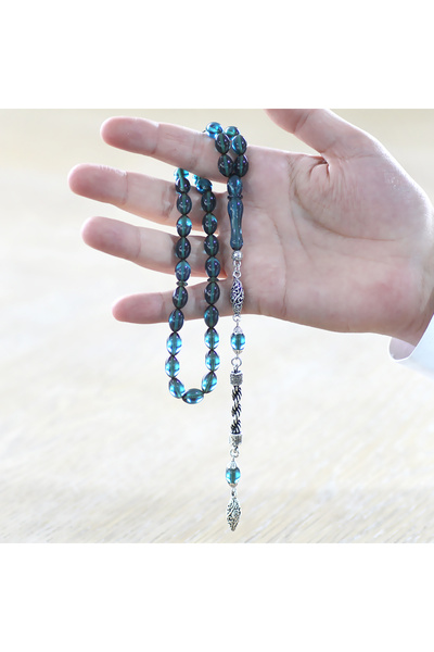 Tesbihane Kararmaz Metal Halat Püsküllü Arpa Kesim Turkuaz Ateş Kehribar Tesbih