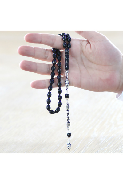Tesbihane Kararmaz Metal Halat Püsküllü Arpa Kesim Siyah Sıkma Kehribar Tesbih