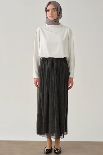 Tuğba Anthracite Gathered Glitter Tulle Skirt