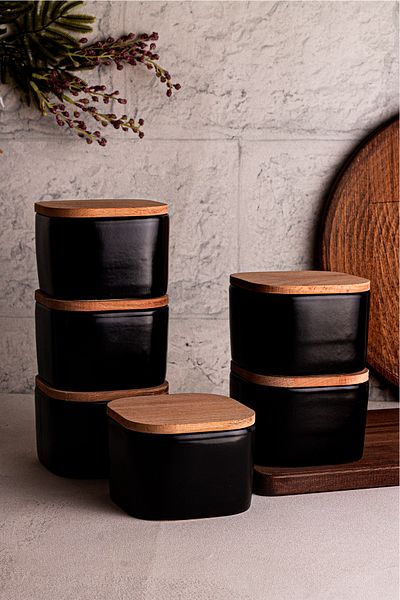 Snippy Luma Soft Black - 6-Piece Wooden Vacuum Lid Ceramic Breakfast Ceramic Bowl Snack Bowl 300 ml