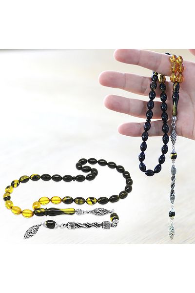 Tesbihane Non-Tarnish Metal Rope Tasseled Barley Cut Straining Yellow-black Fire Amber Prayer Beads