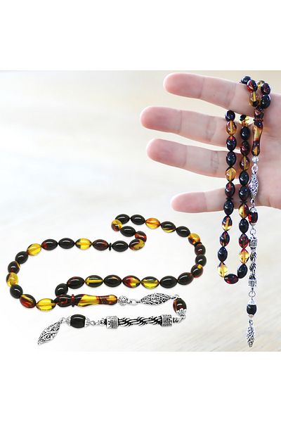 Tesbihane Anti-Tarnish Metal Rope Tasseled Barley Cut Bala-Black Fire Amber Prayer Beads