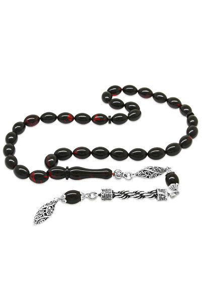 Tesbihane Kararmaz Metal Halat Püsküllü Arpa Kesim Kırmızı-siyah Ateş Kehribar Tesbih
