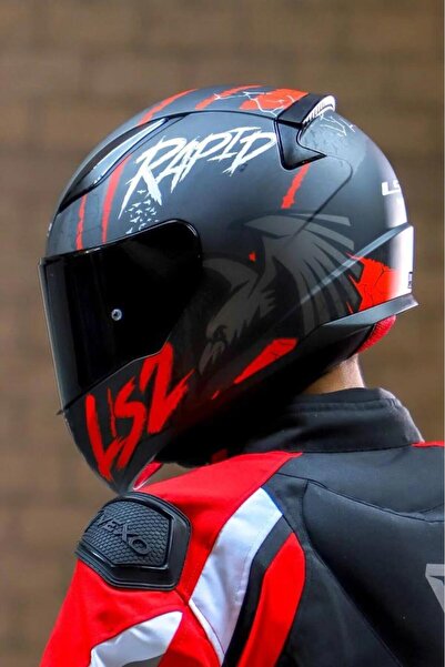 LS2 Rapid 2 Raven Mat Siyah-beyaz-kırmızı Kask Siyah Vizörlü