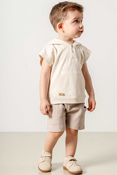 bombe Baby Kids Beige Hooded Shorts Cotton Comfortable 2-Piece Set Trend Fashion Bottom Top Set