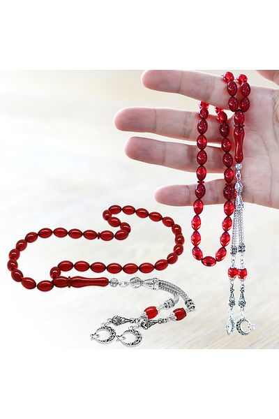 Tesbihane Non-Tarnish Metal Crescent Star Tasseled Barley Cut Flag Red Fire Amber Prayer Beads