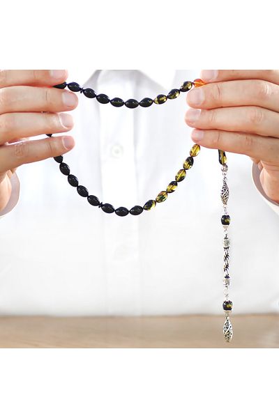 Tesbihane Non-Tarnish Metal Rope Tasseled Barley Cut Straining Yellow-black Fire Amber Prayer Beads