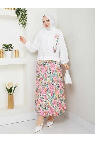 MODAMERSİ Women's White Hooded Blouse Patterned Pleated Skirt Double Set