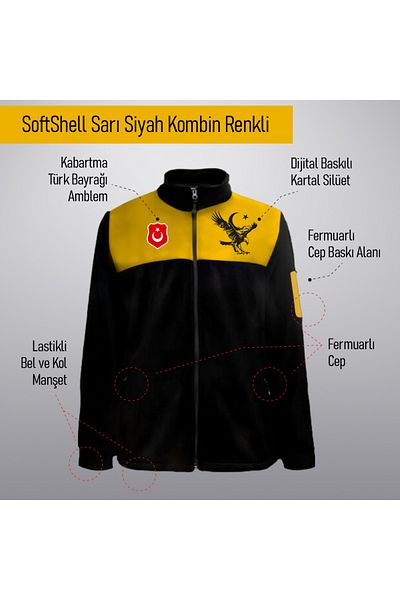 Crea Eymer Wear Turkish Ayyıldız Designed Softshell Fleece Combination - Non-Pilling Full Zipper Yellow-Black