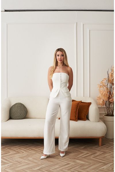 Rabia Çelik Women's White Buttoned Front Strapless Bustier Pants 2-Piece Suit
