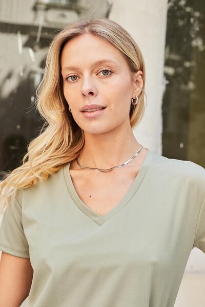 Jument Women's V-Neck Short Sleeve Lycra Span Fabric T-Shirt Blouse