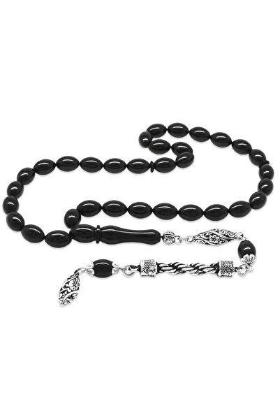 Tesbihane Kararmaz Metal Halat Püsküllü Arpa Kesim Siyah Sıkma Kehribar Tesbih