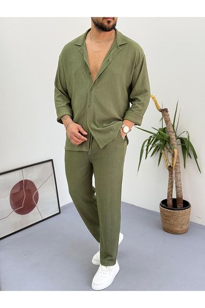 Combineman35 Yellow Men's Summer Suit - Crinklelycra Fabric Long Sleeve Shirt and Sweatpants