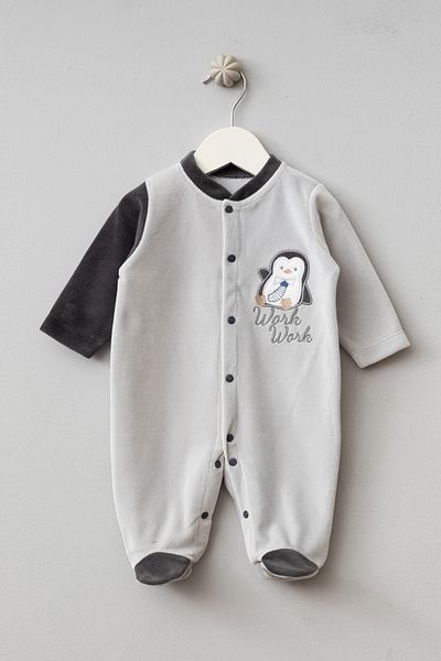 Bebitof Cute Tie Penguin Patterned Cotton Baby Velvet Jumpsuit