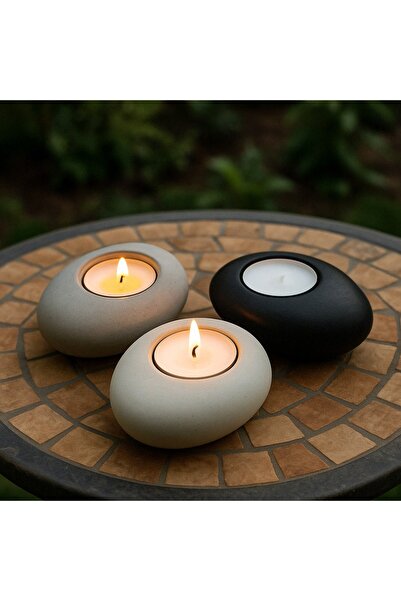 3lü Taş Model Tealight Mumluk - Siyah&beyaz&naturel Gri - Mumlarla Birlikte