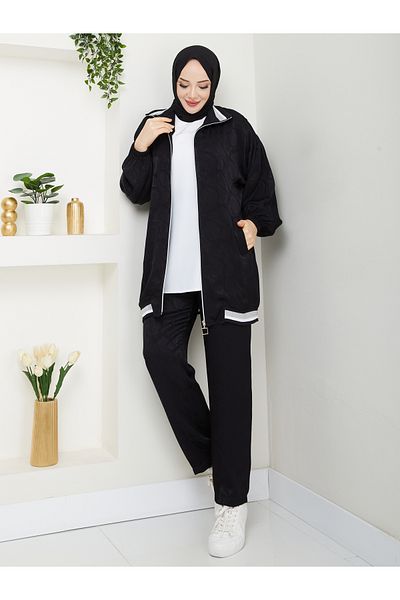 MODAMERSİ Women's Black Jacquard Fabric Blouse, Zippered Sweatshirt and Trousers Three Piece Set