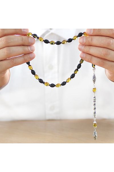 Tesbihane Non-Tarnish Metal Rope Tasseled Barley Cut Yellow-black Fire Amber Prayer Beads