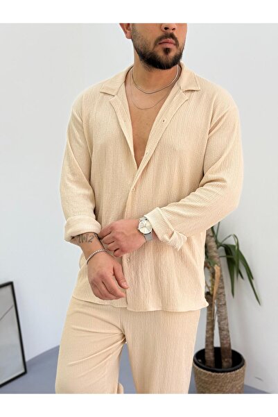 Combineman35 Μπεζ ανδρικό καλοκαιρινό ύφασμα Crinkle Lycra μακρυμάνικο πουκάμισο αθλητική φόρμα 2 τεμαχίων