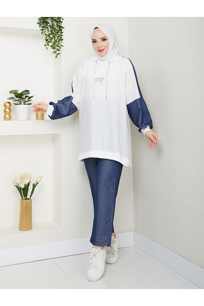 MODAMERSİ Women's White Stone Print Detailed Hooded Tunic Pants Double Set