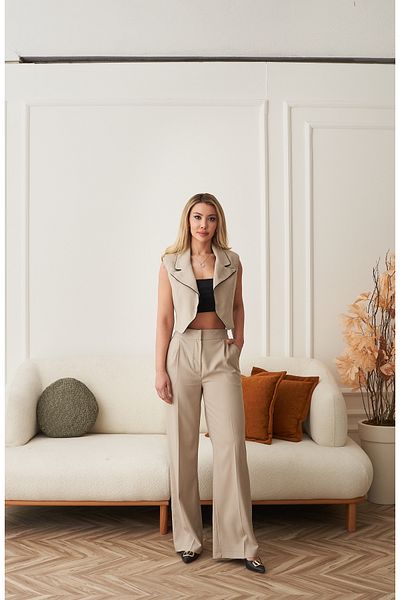Rabia Çelik Women's Beige Piping Detailed High Waist Pants Vest Suit