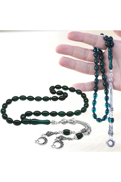 Tesbihane Non-Tarnish Metal Rope Tasseled Barley Cut Water Blue Fire Amber Prayer Beads