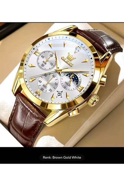 OLEVS Leather Cord King Crown Steel Men's Wristwatch